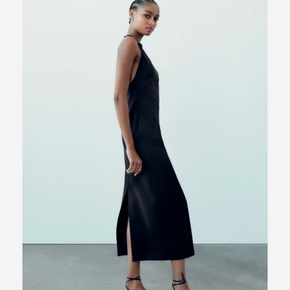 Zara Woman Rhinestone Shiny Back Cord Details Black Halter Dress Size M - Picture 5 of 15